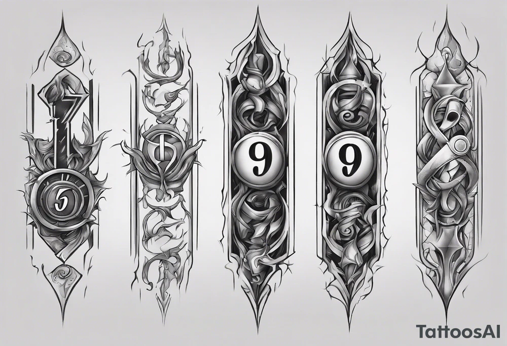 number 9 right side up and upside down connected tattoo black and grey on inside forearm 9:16 aspect ratio tattoo idea