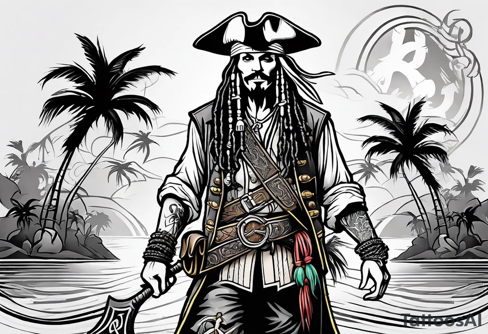 mickey mouse as captain jack sparrow with palm trees and celtic symbol for family tattoo idea
