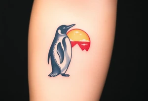 Penguin couple, looking away towards a sunset tattoo idea