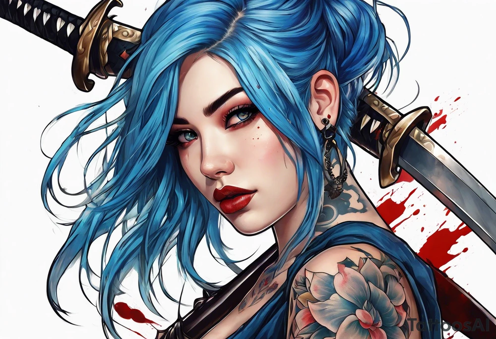 Beautiful Girl with piercings and blue hair with a katana in her hand and blood around it tattoo idea