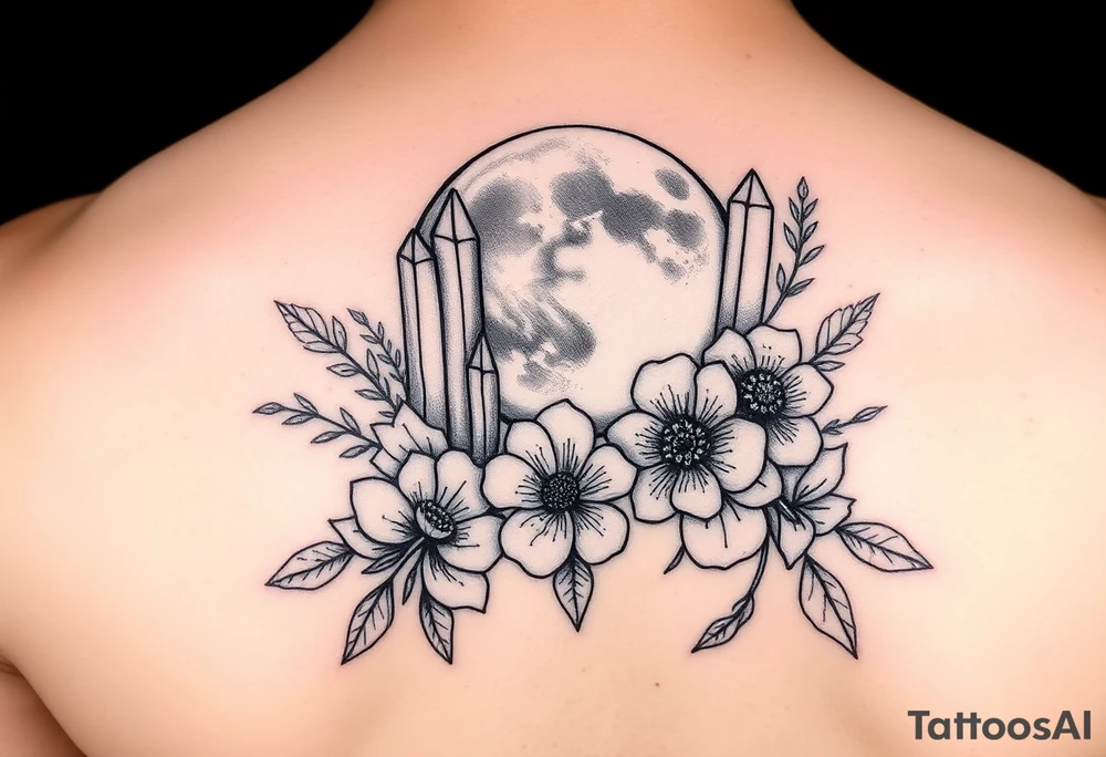 crystals and the moon and flowers tattoo idea