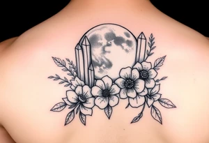 crystals and the moon and flowers tattoo idea