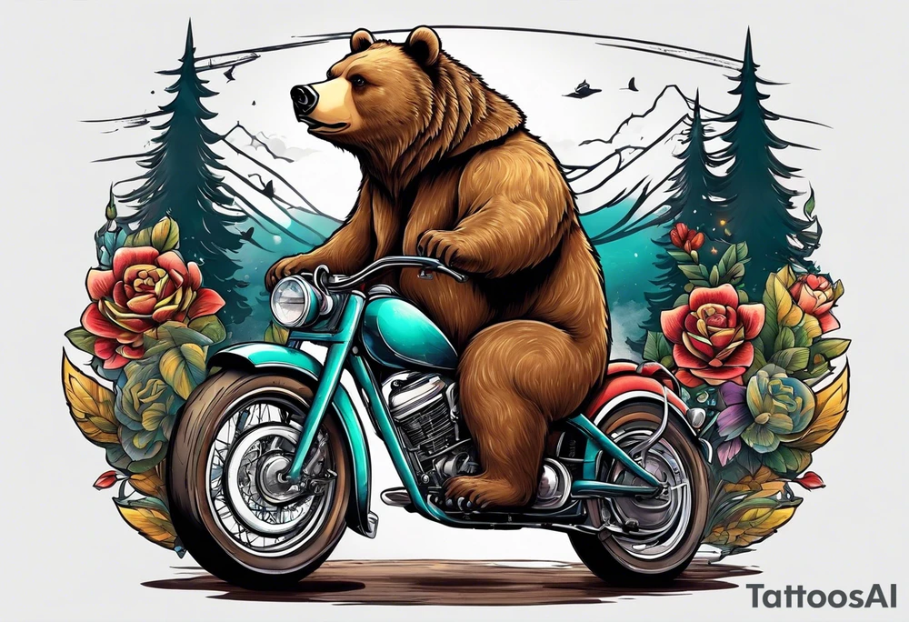 bear riding a bike and playing a guitar tattoo idea