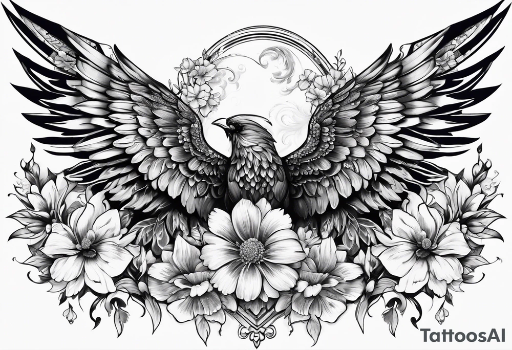 Full back tattoo covering the whole back with wings on top and flowers on bottom tattoo idea