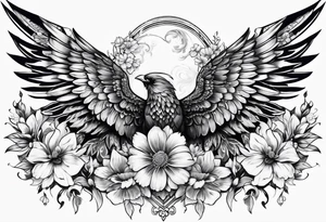 Full back tattoo covering the whole back with wings on top and flowers on bottom tattoo idea
