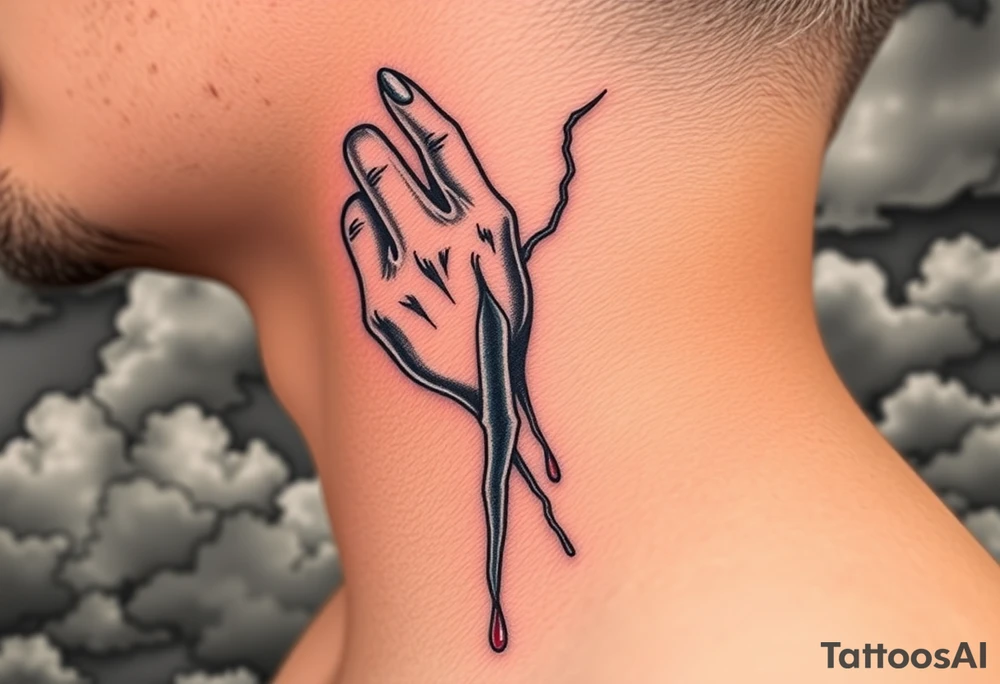 The silhouette of a hand holding a lightning bolt, dripping blood and adorned with silver tribal tattoos, against a backdrop of stormy clouds and dark skies tattoo idea