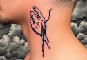 The silhouette of a hand holding a lightning bolt, dripping blood and adorned with silver tribal tattoos, against a backdrop of stormy clouds and dark skies tattoo idea