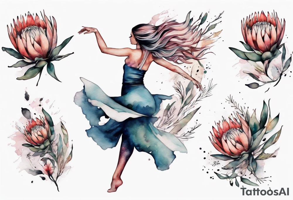 Very feminine tattoo with a woman dancing in a wind of protea flowers tattoo idea
