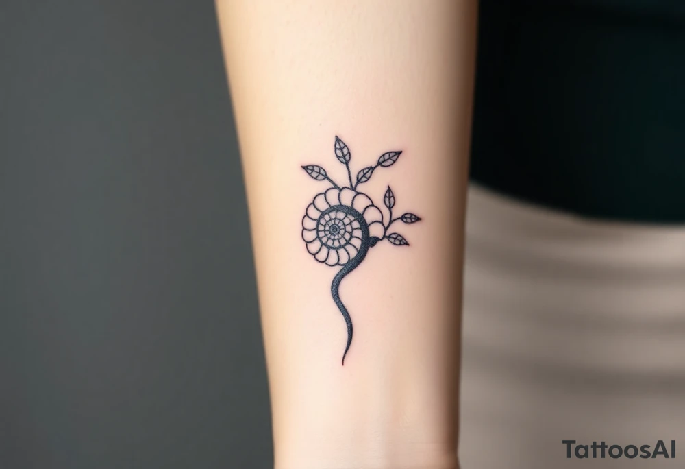 Fibonacci spiral shell inside of tree with leaves tattoo idea
