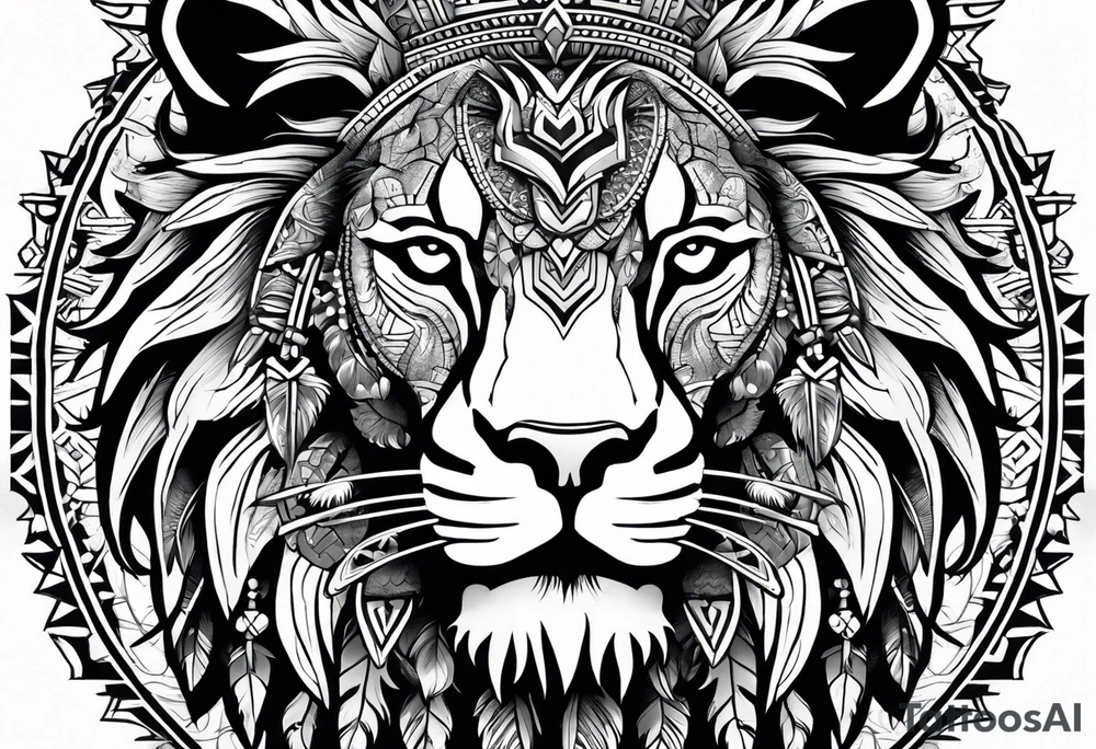 Aztec skull head wearing a Lion head tattoo idea