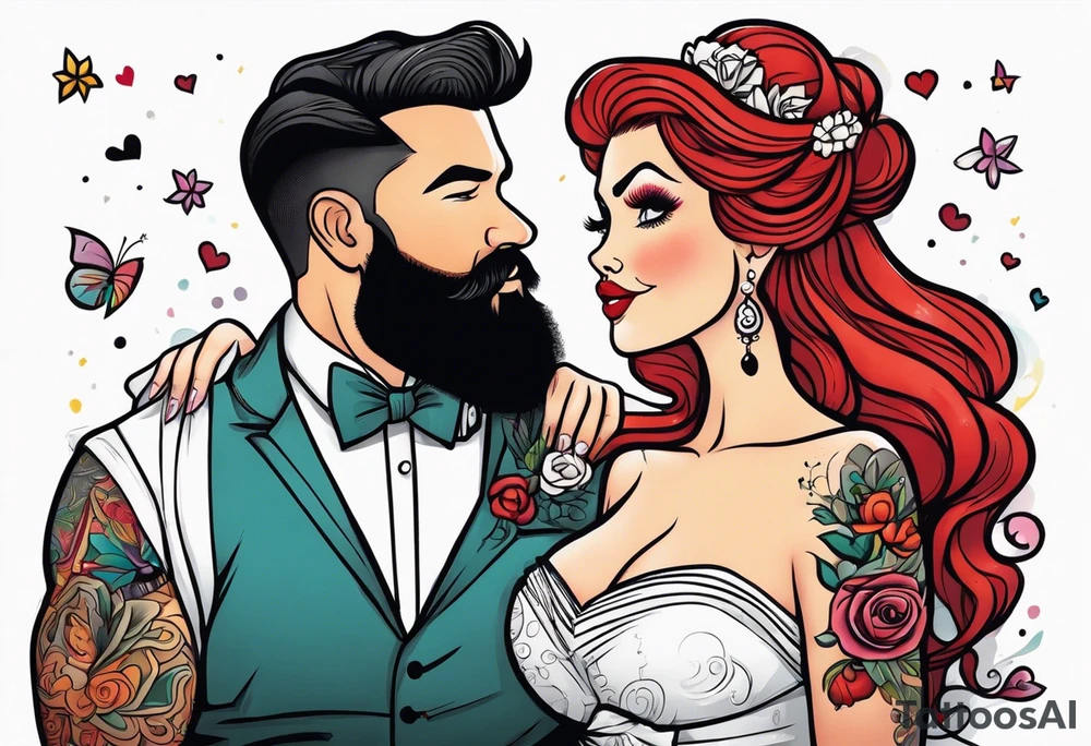 Busty red haired woman with a bearded man who has black hair getting married tattoo idea