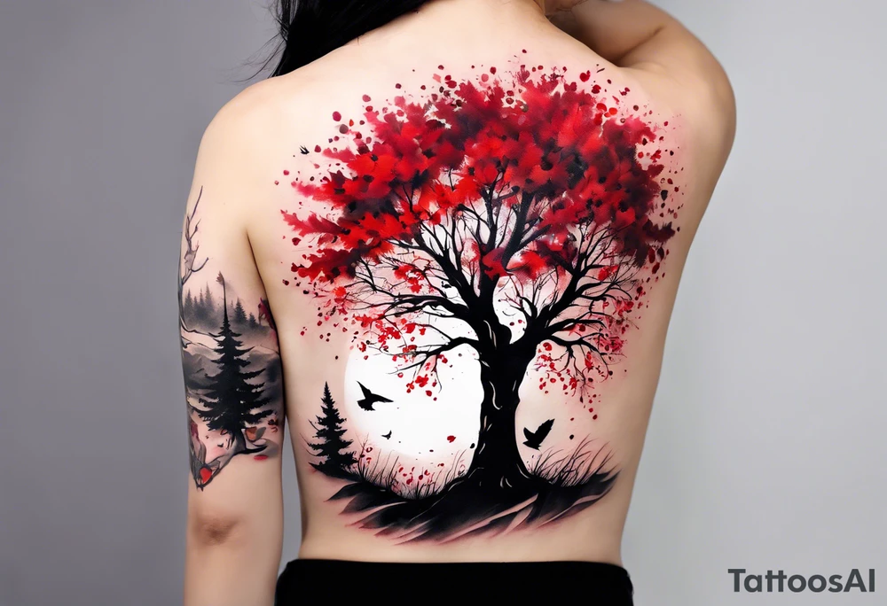 trash polka style. Arm tattoo. chest tattoo. Long tattoo. large tattoo. Full sleeve. Shoulder. A single large maple tree with red autumn leaves that branches upwards from wrist to shoulder. White-throated dipper bird on the trees branches. Calluna flowers at the base of the trees stem. Tree stem has dark colors. Red/yellow sunset behind the trees stem. Leaves falling. tattoo idea