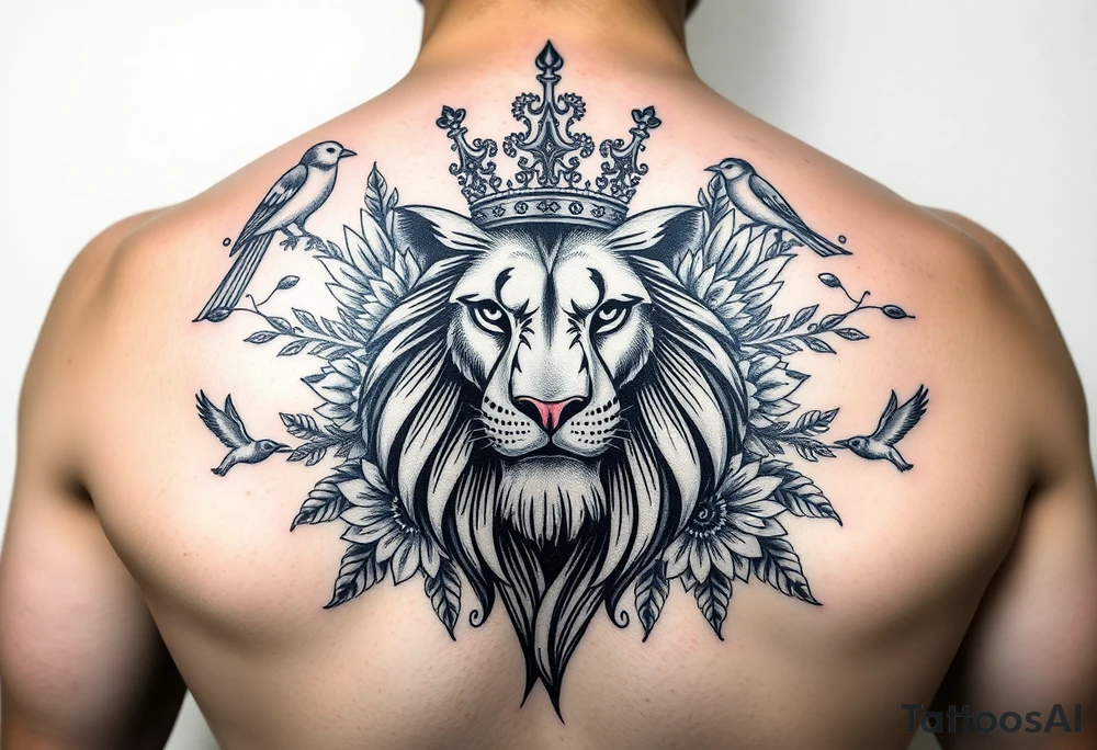 powerful majestic lion with a crown, surrounded by floral ornaments and birds tattoo idea