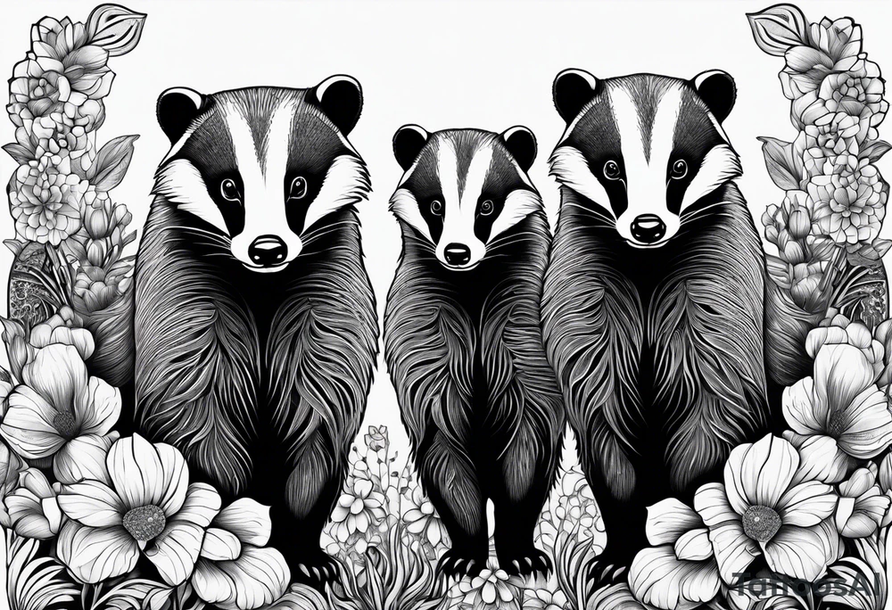 Trippy, pair of badger siblings in a field of flowers tattoo idea