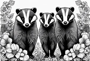 Trippy, pair of badger siblings in a field of flowers tattoo idea
