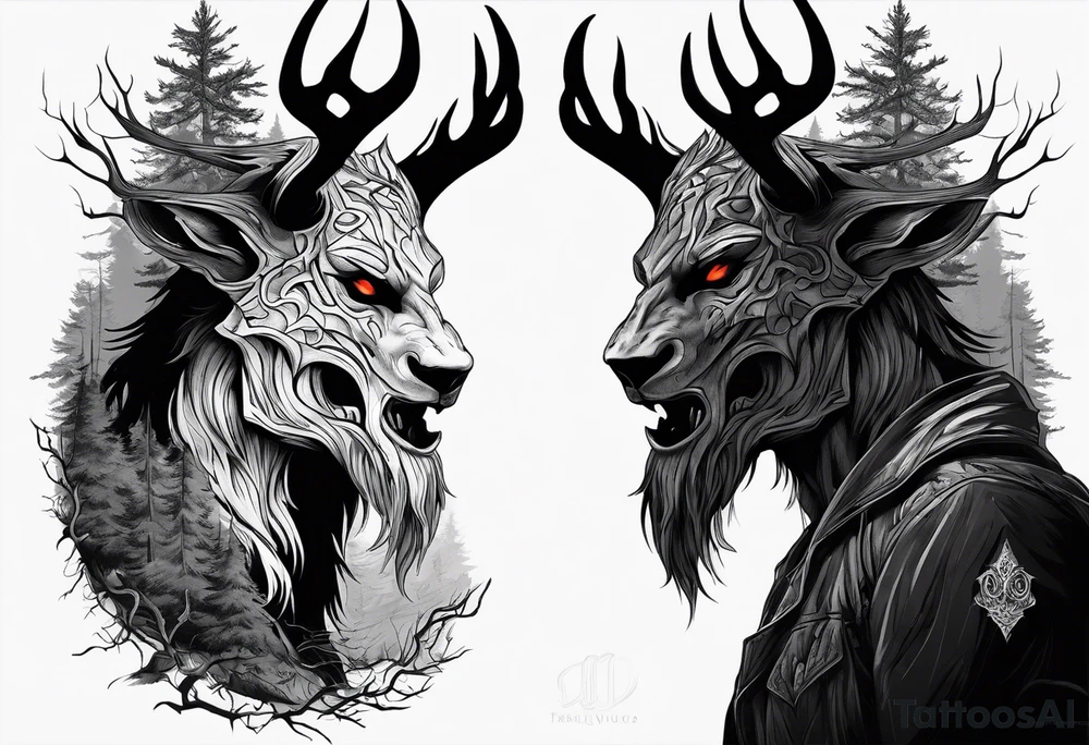 A spooky dead lore accurate wendigo side profile surrounded by a forest fire in background tattoo idea