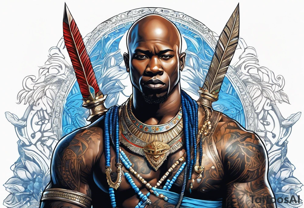 An african god, a bald warrior, that uses a sword and a silver crown. He also uses blue and red necklaces tattoo idea