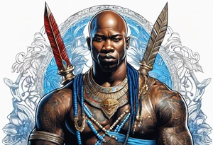 An african god, a bald warrior, that uses a sword and a silver crown. He also uses blue and red necklaces tattoo idea