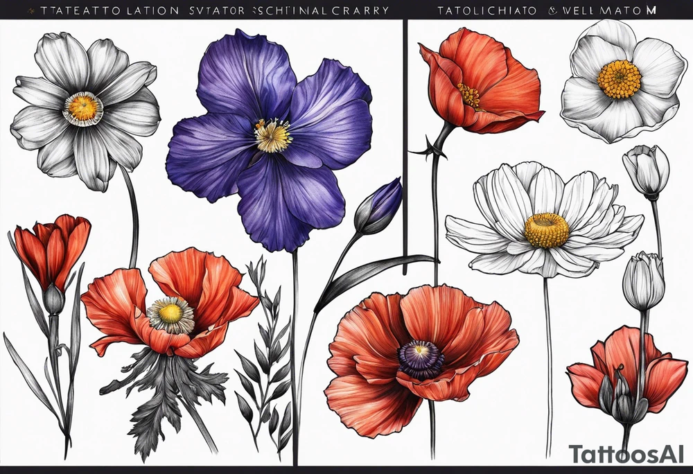 1 cosmos flower, 1 iris, 1 larkspur, 1 daisy, 1 poppy tattoo idea