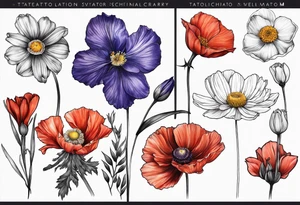 1 cosmos flower, 1 iris, 1 larkspur, 1 daisy, 1 poppy tattoo idea