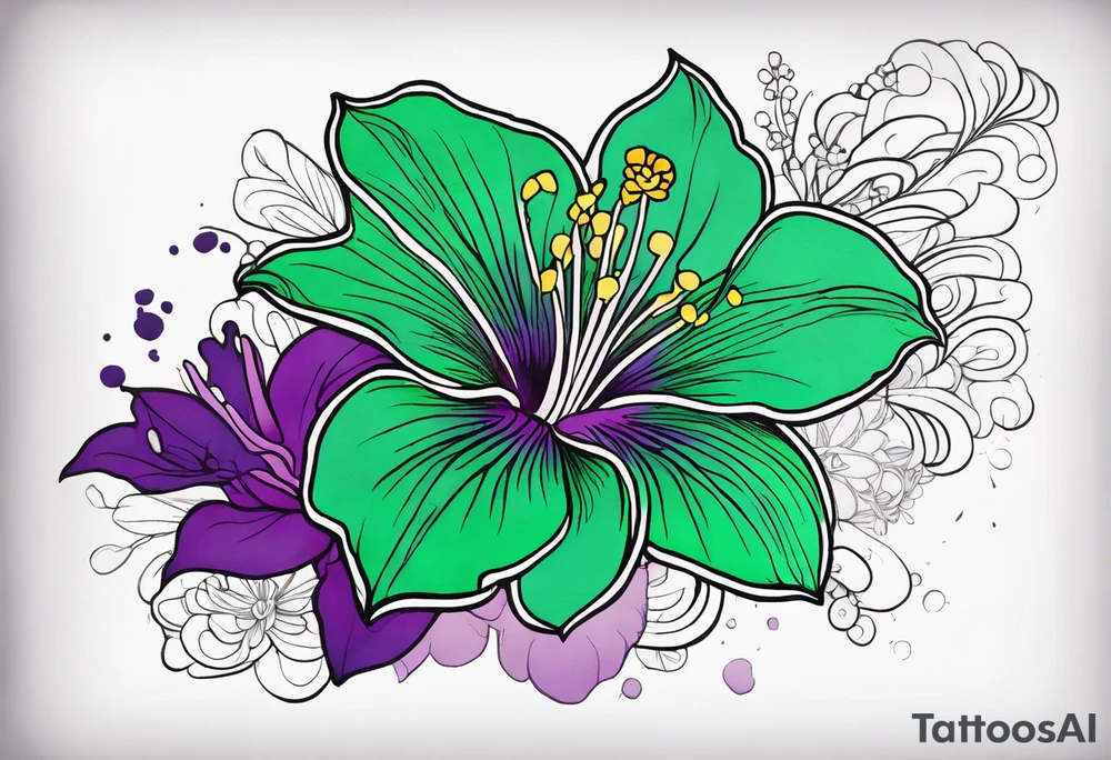 An outline of a rio dipladenia flower with a mystical green/purple watercolor splash in the background tattoo idea