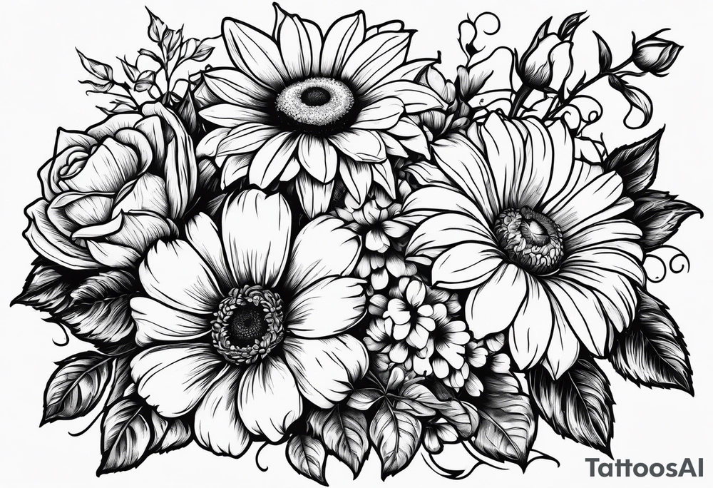 Roses, marigolds, cosmos, daisies, sweet peas and sunflowers vines tattoo idea