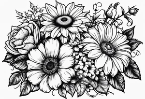 Roses, marigolds, cosmos, daisies, sweet peas and sunflowers vines tattoo idea