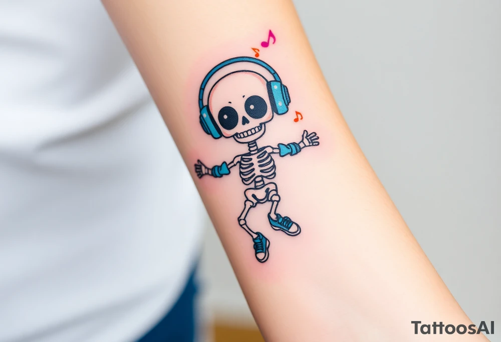 Cute skeleton with dreamy eyes jumping rope with blue headphones blue armbands blue sneakers and colorful  music notes around his head tattoo idea