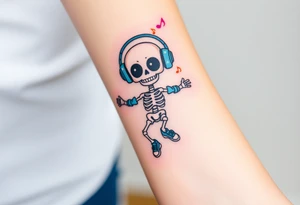 Cute skeleton with dreamy eyes jumping rope with blue headphones blue armbands blue sneakers and colorful  music notes around his head tattoo idea