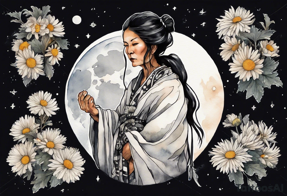 a beautiful 50-year-old Anishinaabe woman wearing black and white robes standing on the moon with a chrysanthemum tattoo idea