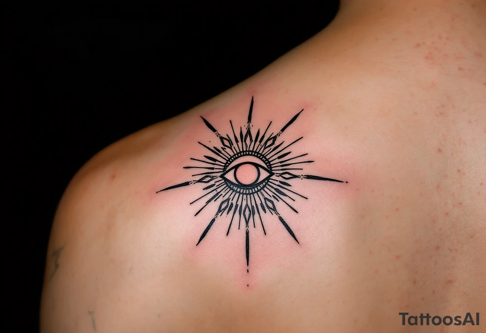 A minimalist Kolovrat symbol in deep crimson ink, centered between the eyebrows like a spiritual third eye, with thin black ornamental lines radiating outward across the forehead like sunbeams. tattoo idea