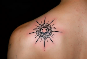 A minimalist Kolovrat symbol in deep crimson ink, centered between the eyebrows like a spiritual third eye, with thin black ornamental lines radiating outward across the forehead like sunbeams. tattoo idea