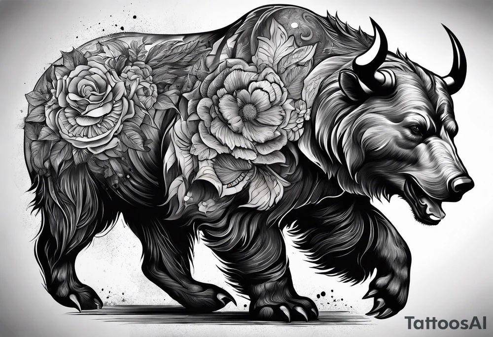 I want a sleeve tattoo design combining a bear fighting a bull tattoo idea