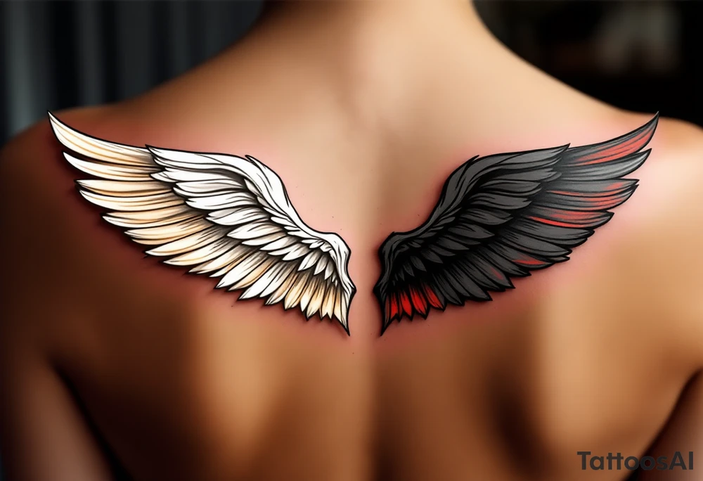 A pair of wings split down the middle—one side an angelic white feathered wing, in soft golden hues, and the other a dark bat-like wing, with deep black and red undertones. The two halves merge at the center, representing the balance of light and darkness. tattoo idea