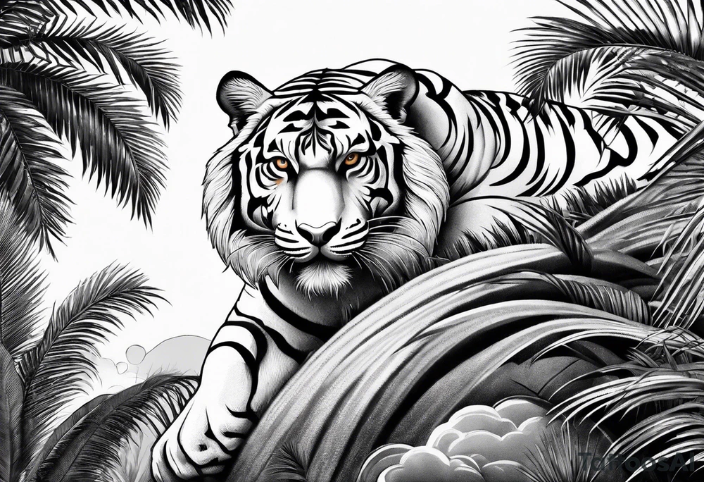 tiger climbing palm tree tattoo idea