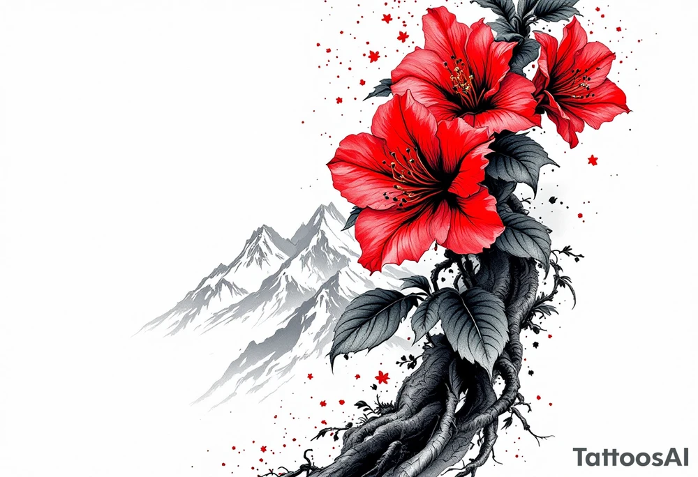 vertical wrist size red  and black rhododendron trippy with Himalayas behind tattoo idea