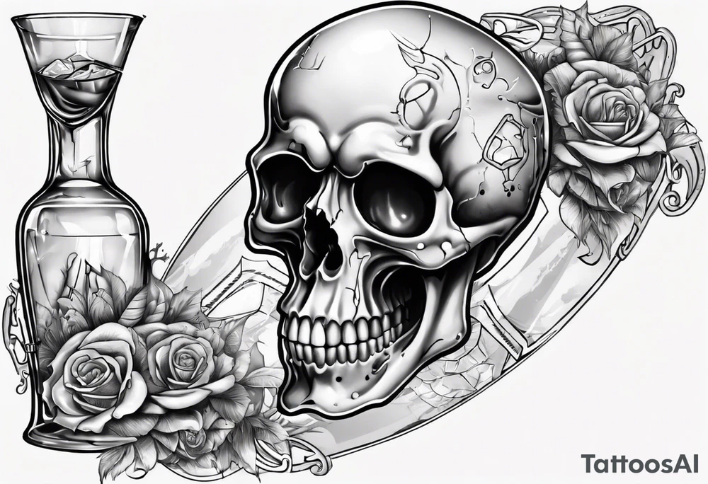 A smiling looking to the left scull inside the glass with alcohol and piece of lime tattoo idea