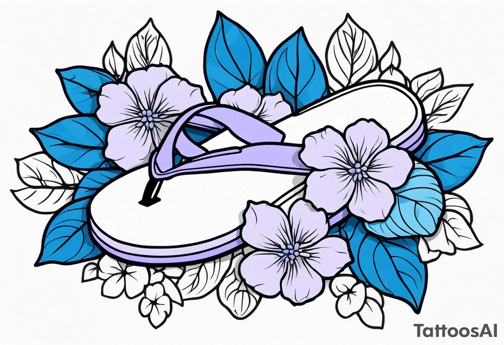 small tattoo of a light periwinkle flip flop surrounded by blue and lavender hydrangea flowers tattoo idea