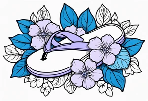 small tattoo of a light periwinkle flip flop surrounded by blue and lavender hydrangea flowers tattoo idea