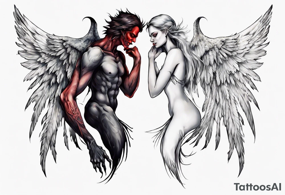 Demon and angel holding each other. He has angel wings, she has demon wings. tattoo idea