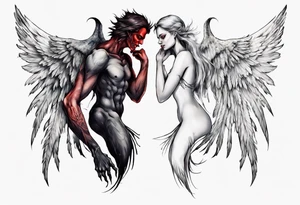 Demon and angel holding each other. He has angel wings, she has demon wings. tattoo idea