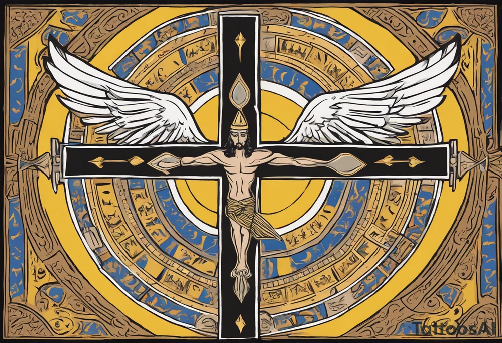 A medieval cross with an assyrian flag in the middle. A crown om top of the cross. The assyrian king Sennacherib. A sun and a moon. A cloud with rain and thunder. charizard. an imperfect cirkle. a candle. a swan. lemons. the god asshur with wings. an ankh. angel wings with a halo. surrounded by olive branches and feathers. tattoo idea