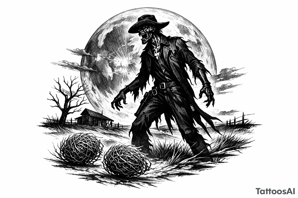 Zombie cowboy silhouette on a moonlit prairie, tumbleweeds rolling. tattoo idea