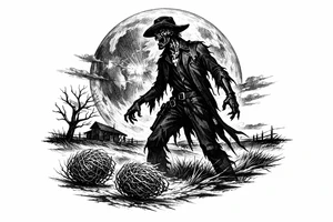 Zombie cowboy silhouette on a moonlit prairie, tumbleweeds rolling. tattoo idea