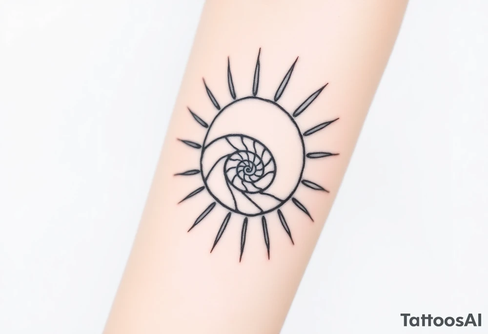 Fibonacci spiral shell inside of painted sun tattoo idea