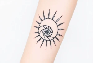 Fibonacci spiral shell inside of painted sun tattoo idea