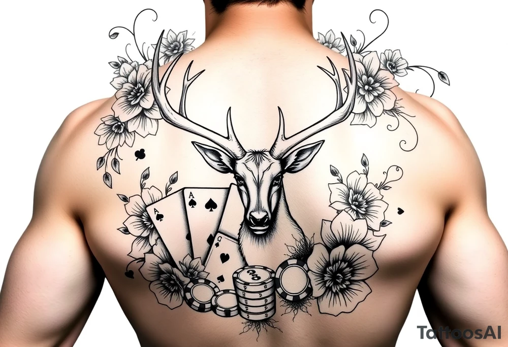 Casino theme with deer cards, dice poker, chips, and flowers and swirls in the background for a sleeve half sleeve tattoo idea