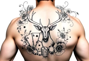 Casino theme with deer cards, dice poker, chips, and flowers and swirls in the background for a sleeve half sleeve tattoo idea