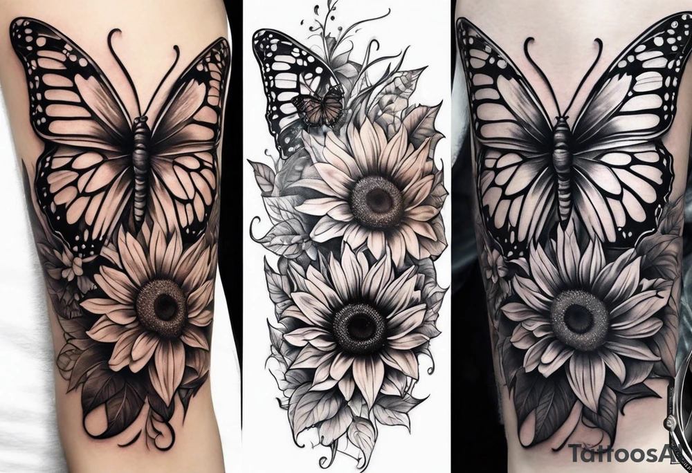 Sunflower and butterfly leg sleeve tattoo idea