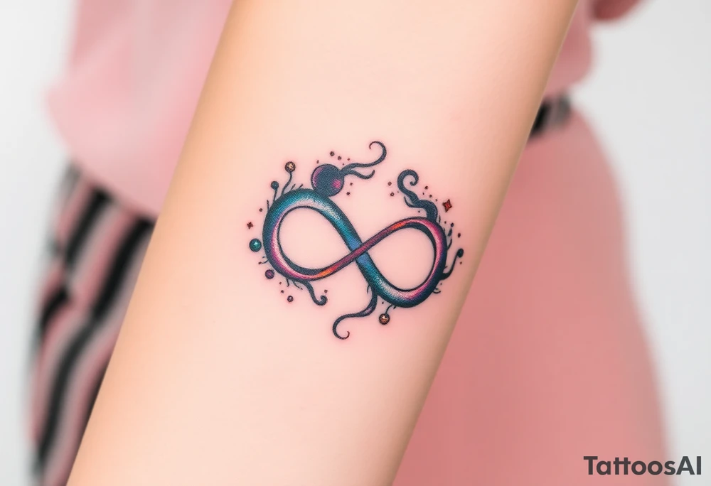 One fully depicted infinity symbol and swirling galaxy patterns tattoo idea